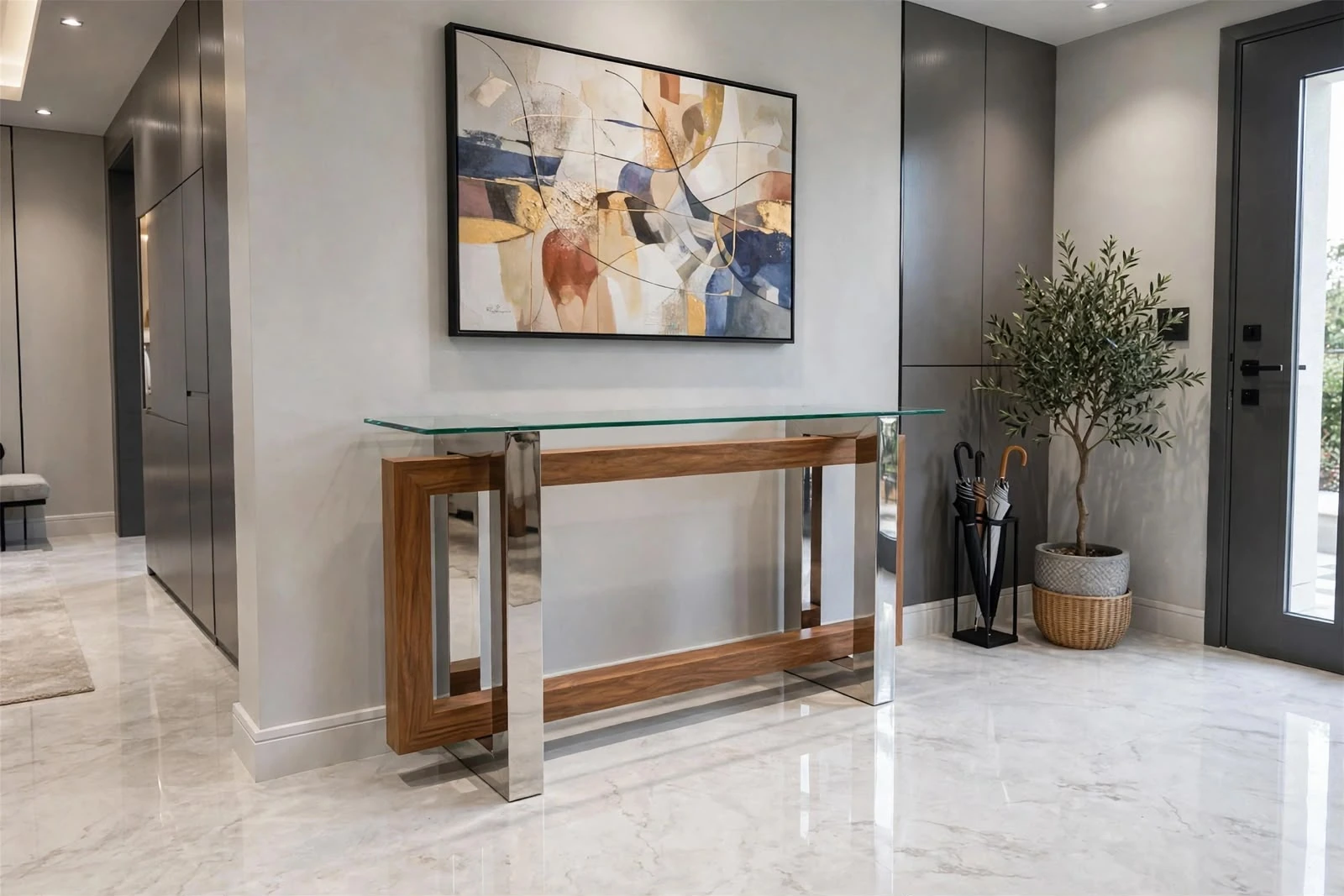 Aparador de vidro, madeira e inox Styllo Inox