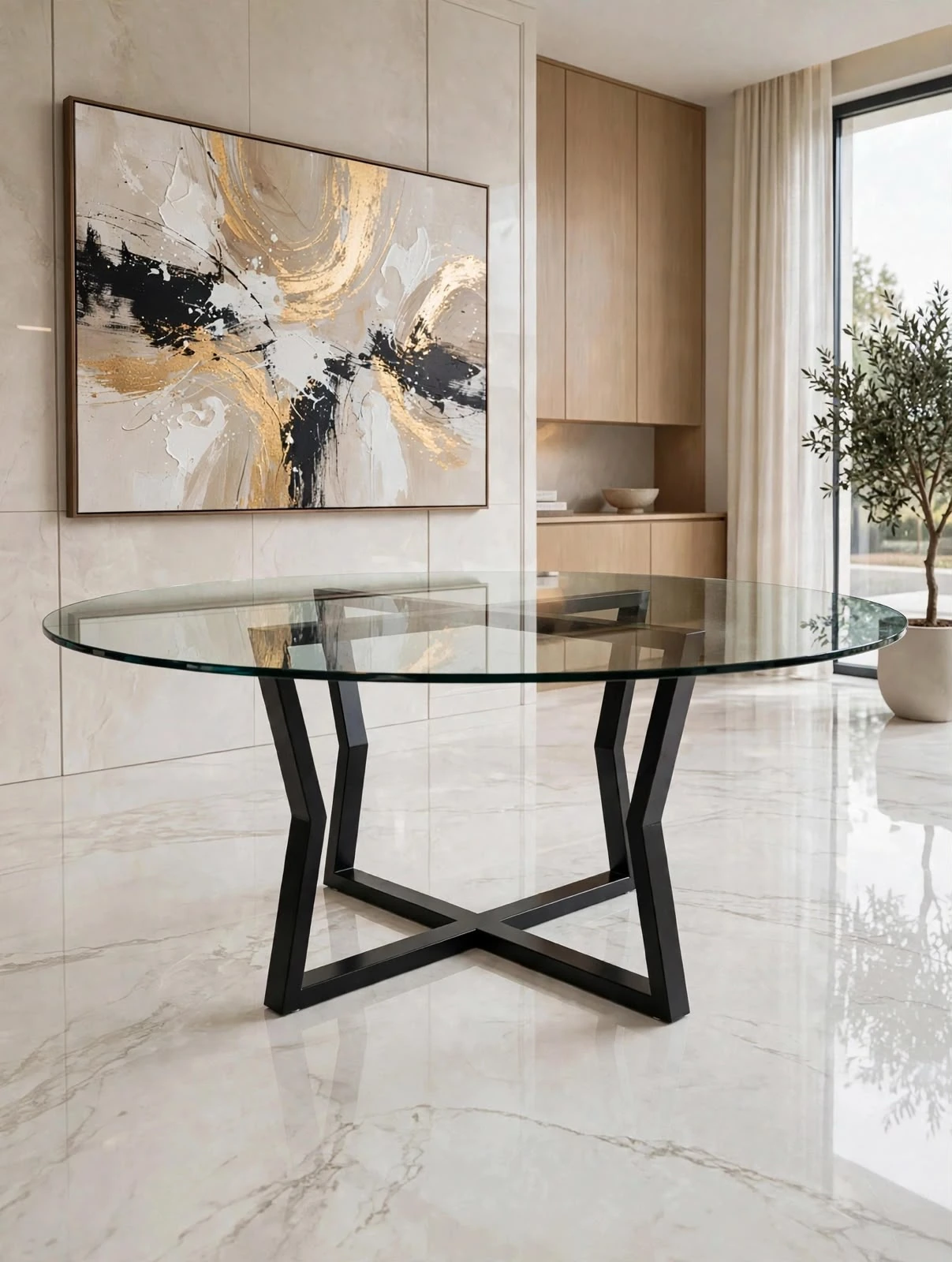 Mesa redonda de vidro com base preta Styllo Inox