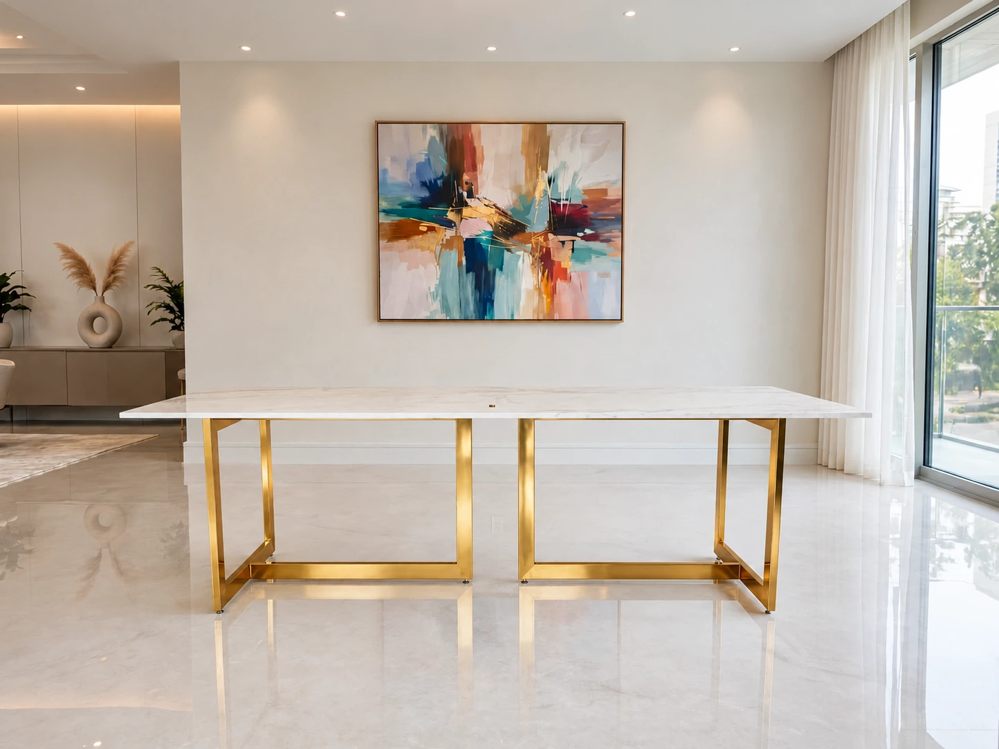 Mesa Styllo Inox com tampo branco e bases retangulares douradas