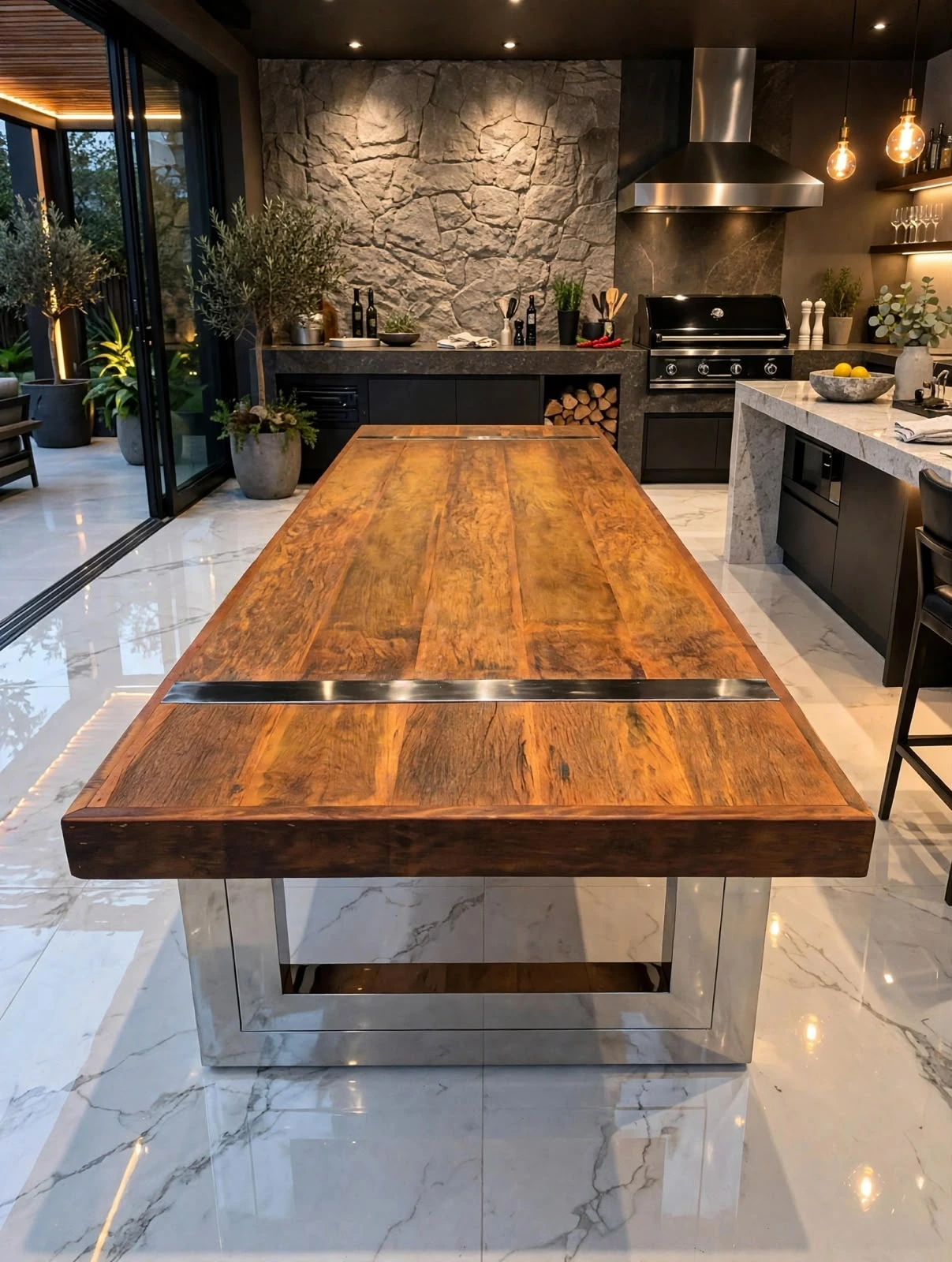 Mesa de madeira Styllo Inox com base retangular em inox polido em ambiente gourmet