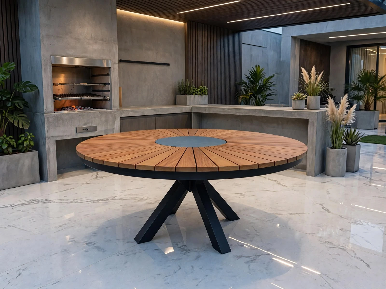 Mesa redonda Styllo Inox com tampo de madeira ripada e base preta em ambiente gourmet