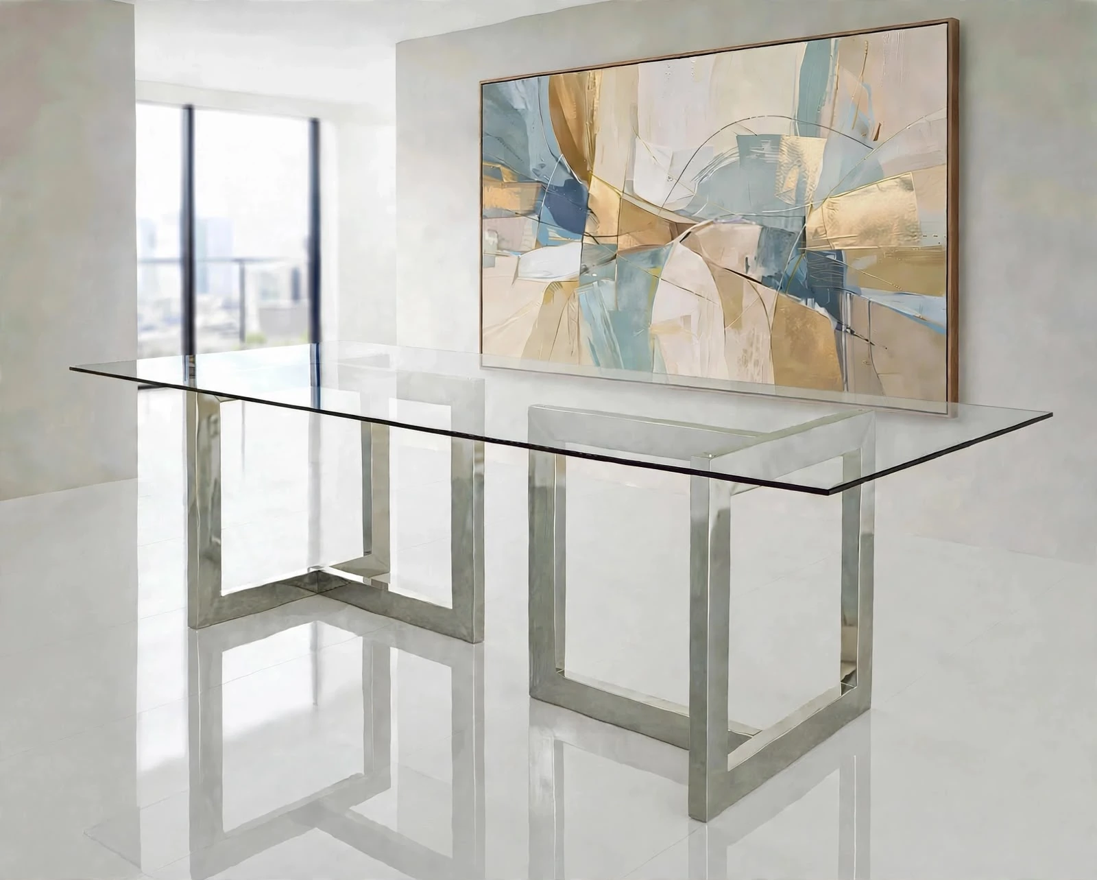 Mesa Styllo Inox com tampo de vidro e bases retangulares em inox polido